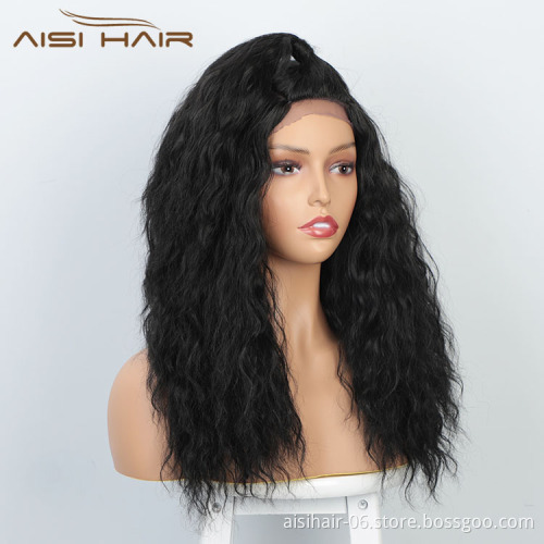 Aisi Hair 18 Inch Long Body Wave Natural Black Wig With Ponytail Swiss Lace Wig Water Wave Synthetic Hair Wigs For Black Women